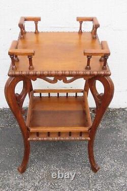 Early 1900s Victorian Two Tier Tiger Oak Carved Side End Table Flower Stand 5220