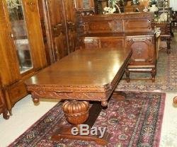 English Antique Art Deco Tiger Oak Draw Leaf Dining Room Table 6 Chairs & Buffet