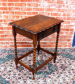 English Antique Crusted Edge Tiger Oak Jacobean Barley Twist Side Table WithDrawer