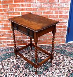 English Antique Crusted Edge Tiger Oak Jacobean Barley Twist Side Table WithDrawer