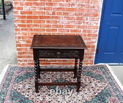 English Antique Dark Tiger Oak Jacobean Barley Twist Side Table With Drawer