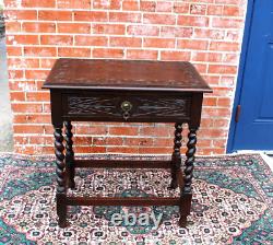 English Antique Dark Tiger Oak Jacobean Barley Twist Side Table With Drawer
