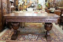 English Antique Renaissance Tiger Oak Wood Draw Leaf Dining Table / Large Desk