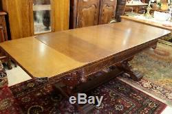English Antique Renaissance Tiger Oak Wood Draw Leaf Dining Table / Large Desk