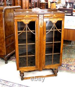 English Antique Tiger Oak Art Deco Bookcase / Display Cabinet