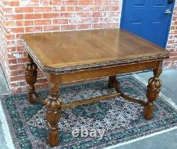 English Antique Tiger Oak Art Deco Draw Leaf Table / Kitchen Table