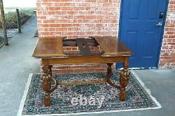 English Antique Tiger Oak Art Deco Draw Leaf Table / Kitchen Table