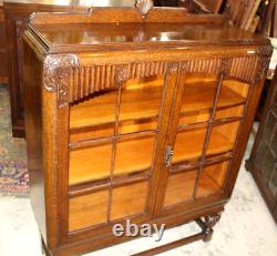 English Antique Tiger Oak Art Deco Glass Door Bookcase / Display Cabinet