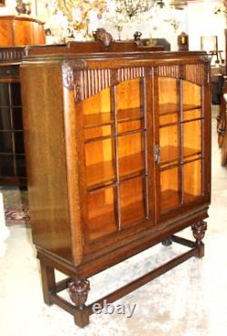 English Antique Tiger Oak Art Deco Glass Door Bookcase / Display Cabinet