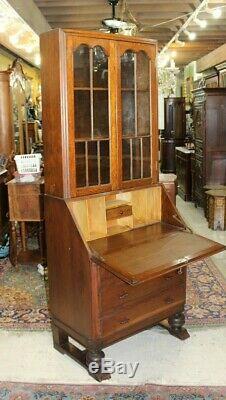 English Antique Tiger Oak Art Deco Secretary Desk