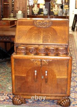 English Antique Tiger Oak Art deco Front Drop Desk