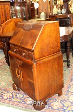 English Antique Tiger Oak Art deco Front Drop Desk