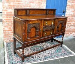English Antique Tiger Oak Jacobean Barley Twist Sideboard / Buffet / Bar Cabinet
