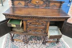 English Antique Tiger Oak Jacobean Barley Twist Sideboard / Buffet / Bar Cabinet