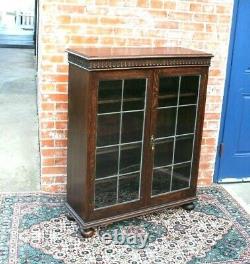 English Antique Tiger Oak Jacobean Leaded Glass Door Bookcase / Display Cabinet