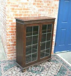 English Antique Tiger Oak Jacobean Leaded Glass Door Bookcase / Display Cabinet