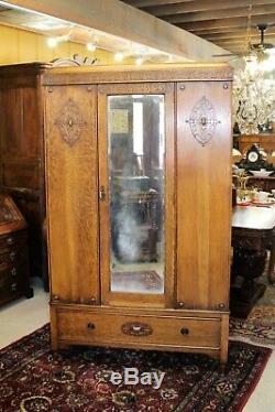 English Antique Tiger Oak Jacobean One Mirrored Door Cabinet Wardrobe / Armoire