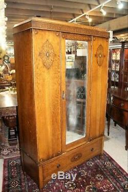 English Antique Tiger Oak Jacobean One Mirrored Door Cabinet Wardrobe / Armoire