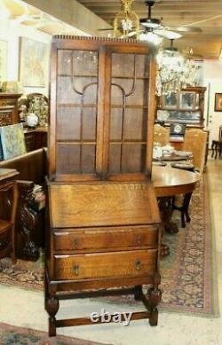 English Antique Tiger Oak Jacobean Secretary Desk / Bookcase