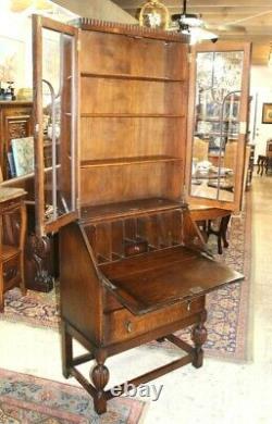 English Antique Tiger Oak Jacobean Secretary Desk / Bookcase