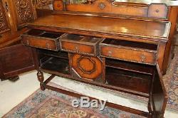 English Antique Tiger Oak Jacobean Sideboard / Buffet / Bar Cabinet