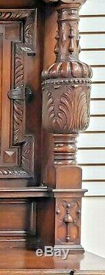 English Antique Tiger Oak Jacobean Sideboard / Buffet / Bar Cabinet / Dresser