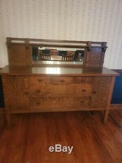 English Antique Tiger Oak Sideboard / Buffet / Bar Cabinet/ Table and 6 chairs