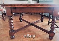 English Antique Tiger oak Barley Twist Draw Leaf Pub Table & 4 Original chairs