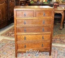 English Tiger Oak Arts & Crafts Small 6 Drawer Chest Bedroom Furniture