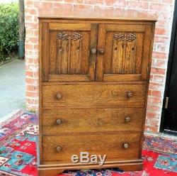 English Tiger Oak Solid Wood Antique 3 Drawer 2 Door Cabinet / Bedroom Chest