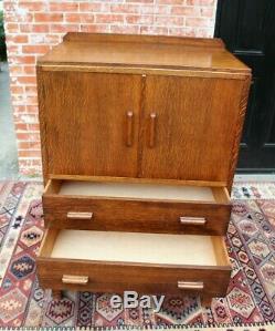 English Tiger Oak Wood Antique Cabinet 3 Drawer 2 Door Chest Small Dresser