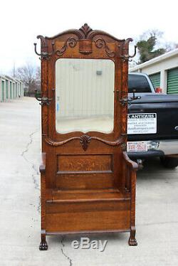 Fancy Victorian Tiger Oak Hall Tree with Beveled Mirror and Paw Feet Ca. 1890