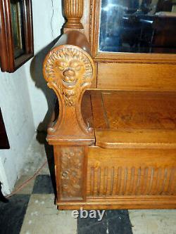 Fantastic Large Tiger Oak Hall Tree Seat with Griffins and Lion Heads