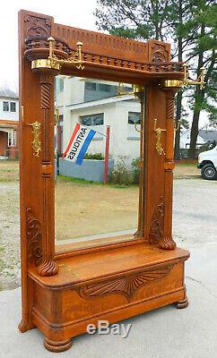 Fantastic Tiger Oak Halltree Mirror Seat circa 1900