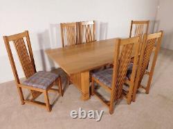 Frank Lloyd Wright Style Quarter Sawn Tiger Oak Dining Table 2 Leaves Six Chairs