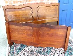 French Antique Carved Tiger Oak Louis XV Full Size Bed w. Rails