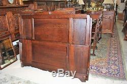 French Antique Tiger Oak Art Deco Full / Queen Size Double Bed w. Rails