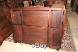 French Antique Tiger Oak Art Deco Full / Queen Size Double Bed w. Rails