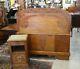 French Antique Tiger Oak Art Deco Full Size Double Bed & Nightstand