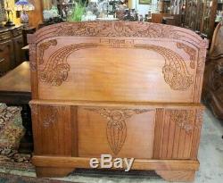 French Antique Tiger Oak Art Deco Full Size Double Bed & nightstand