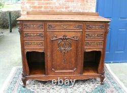 French Antique Tiger Oak Louis XV Sideboard / Server Marble Top c 1880