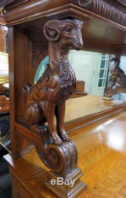 Fully Carved Standing Rams! Horner Quality 1/4 Sawn Tiger Oak Sideboard Buffet