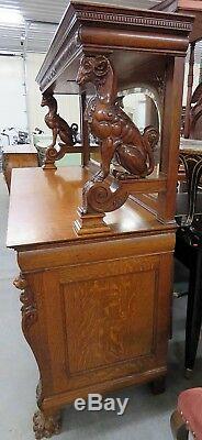 Fully Carved Standing Rams! Horner Quality 1/4 Sawn Tiger Oak Sideboard Buffet
