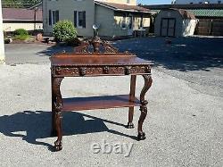 Horner Antique Tiger Oak Server Console Pier Table Paw FtCarved Lion Heads 1890