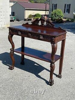 Horner Antique Tiger Oak Server Console Pier Table Paw FtCarved Lion Heads 1890