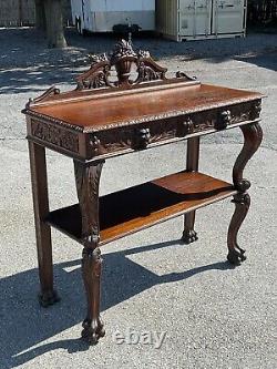 Horner Antique Tiger Oak Server Console Pier Table Paw FtCarved Lion Heads 1890