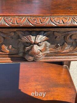 Horner Antique Tiger Oak Server Console Pier Table Paw FtCarved Lion Heads 1890