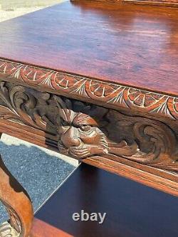 Horner Antique Tiger Oak Server Console Pier Table Paw FtCarved Lion Heads 1890