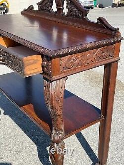 Horner Antique Tiger Oak Server Console Pier Table Paw FtCarved Lion Heads 1890