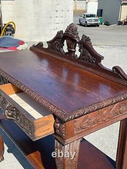 Horner Antique Tiger Oak Server Console Pier Table Paw FtCarved Lion Heads 1890